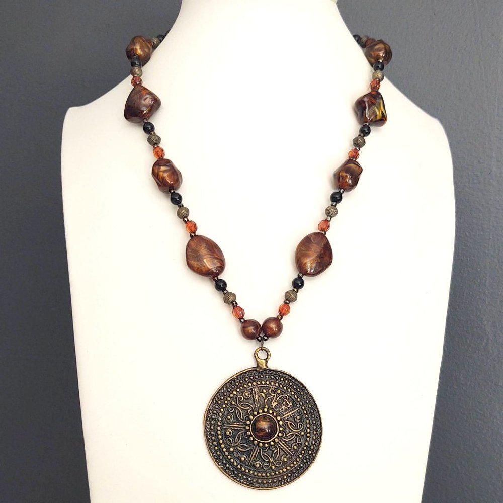Brown, black & brass bead necklace w/brass pendant